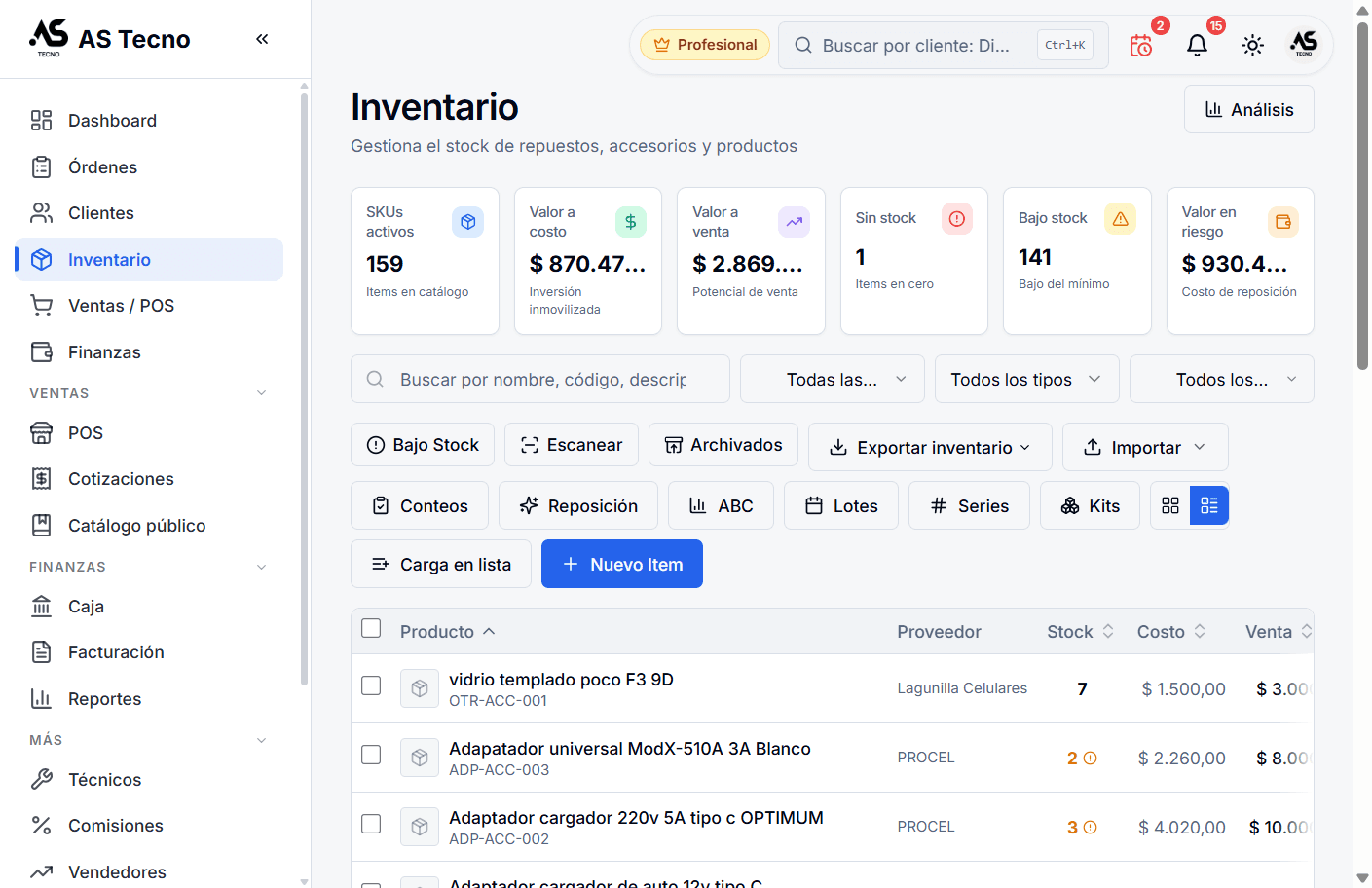 Control de inventario de repuestos en STApp con alertas de stock